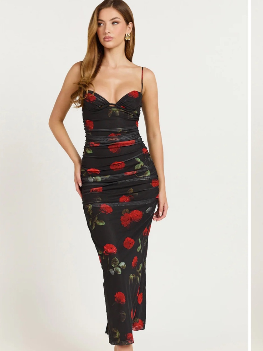 Showpo Black Midi Slip Dress with Red Rose Print